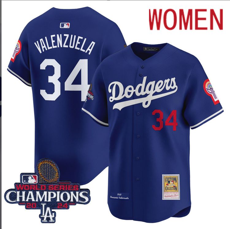 Women MLB Los Angeles Dodgers #34 Valenzuela blue 2024 World Series Champions Patch Cooperstown Jersey